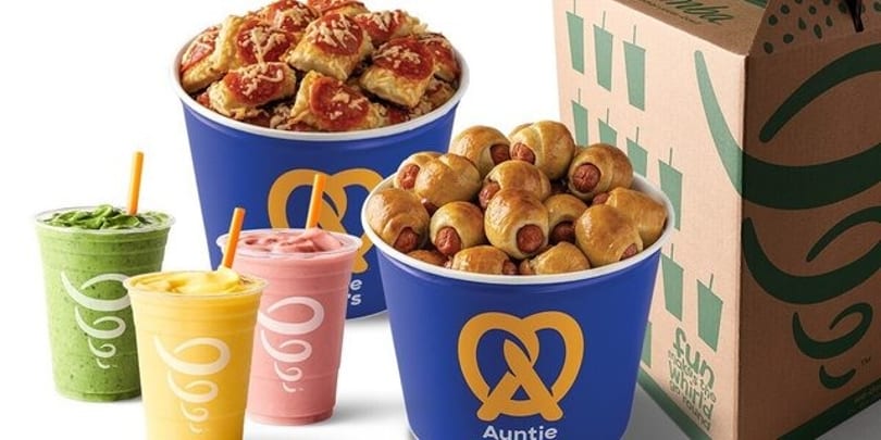 Auntie Anne's pretzel nuggets, mini pretzel dogs, and Jamba smoothies in a party box.