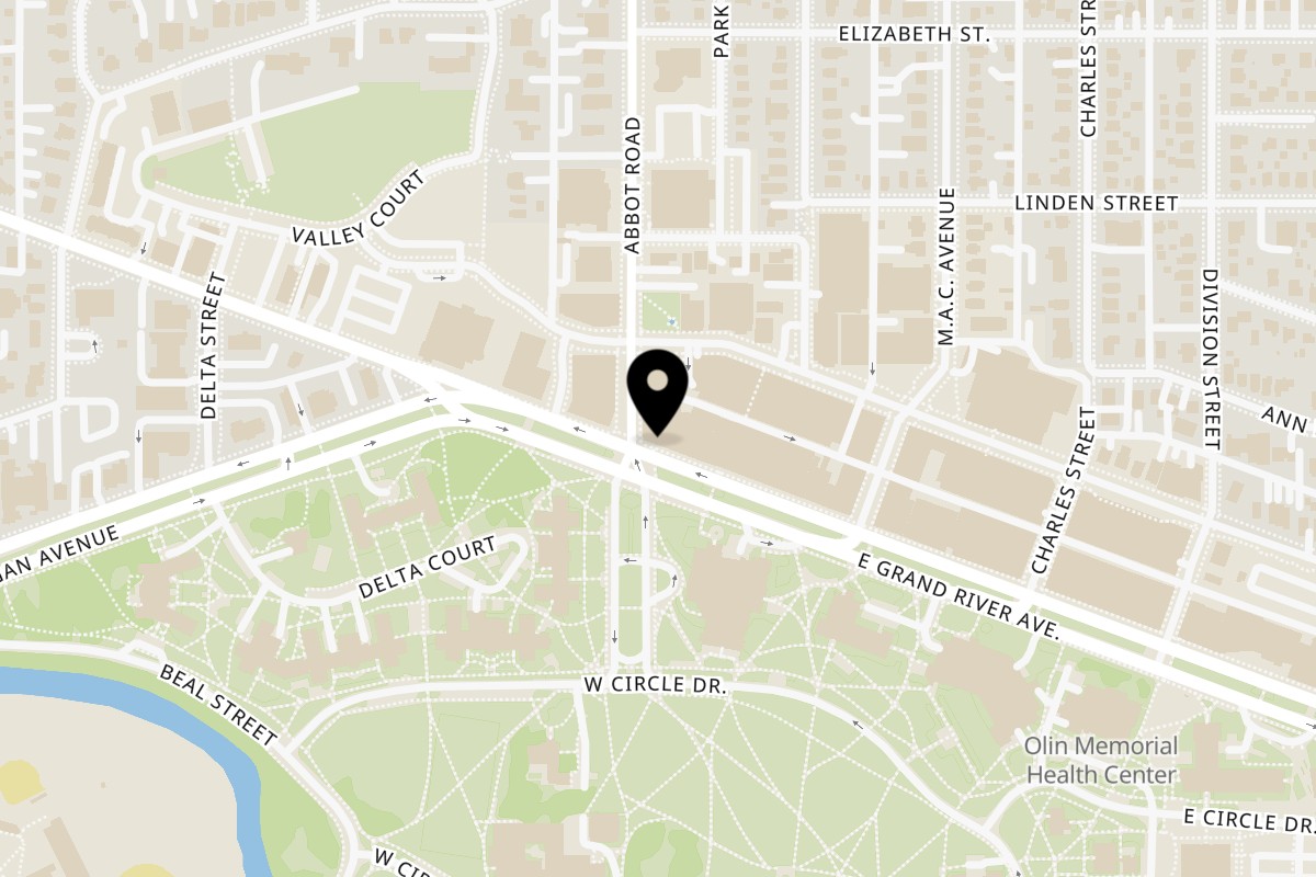 Map showing the location of Auntie Anne's / Jamba on 103 E Grand River Ave in East Lansing